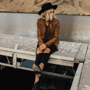 Roolee Brown Hooded Faux Leather Bomber Jacket EUC